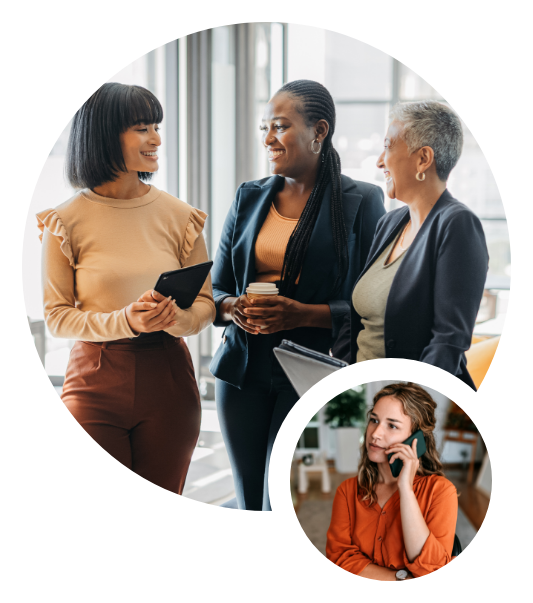 circle images of women discussing business at their employer