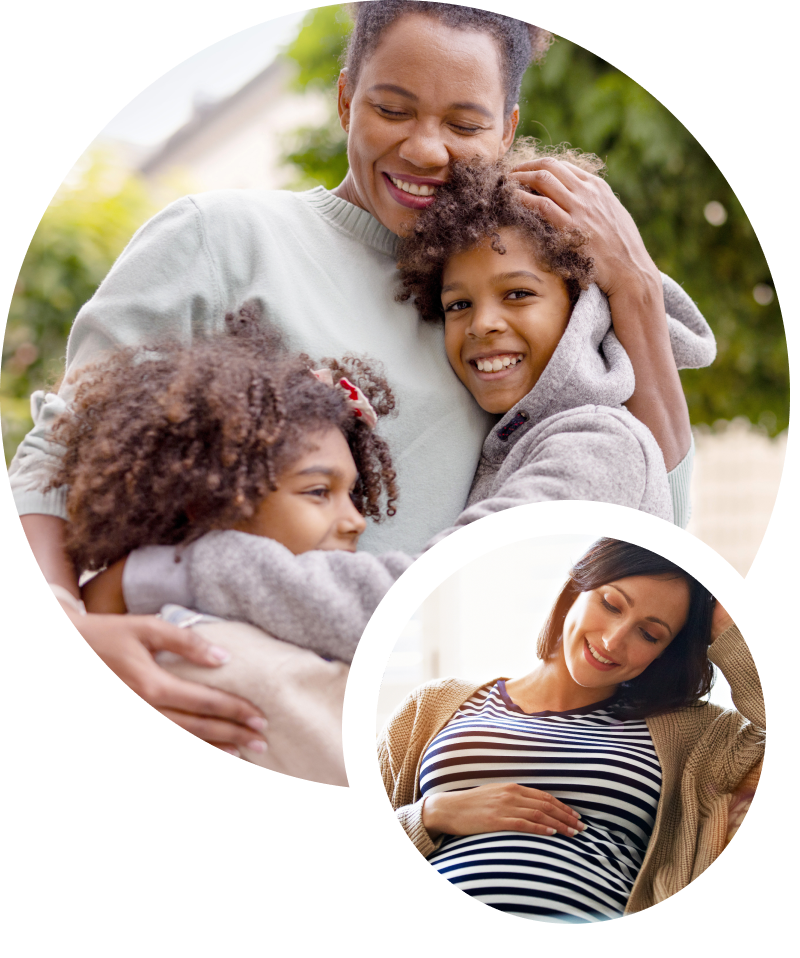 two circular images - one of a mother with two kids, one of a pregnant woman