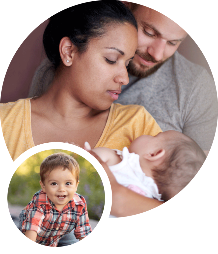 circular photo of parents with baby with an inset photo of a toddler