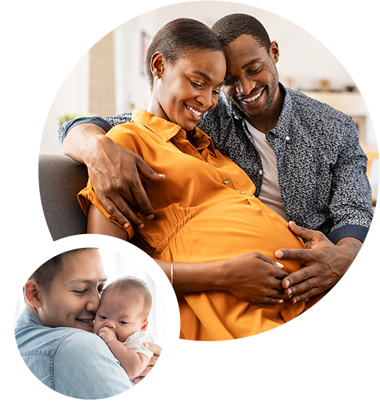 two images of a pregnant couple and a baby with parent