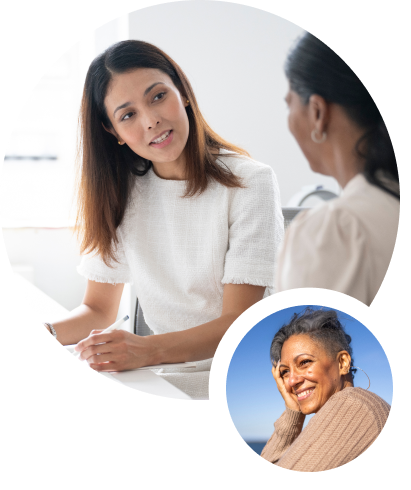 women conversing at work with inset image of mid aged woman