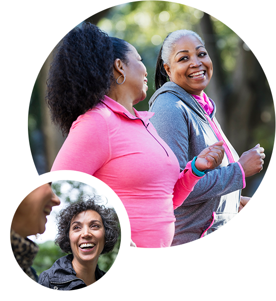 two images of pairs of women chatting and laughing